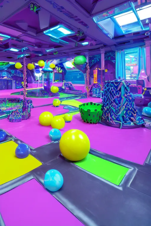 Prompt: Cybertron, the inside of a Discovery Zone soft play area for goth Decepticons, pastel purple ballpit, Deception and goth colors, cinematography by Wes Anderson, 4k octane render, photorealistic , cinematic lighting, Artstation