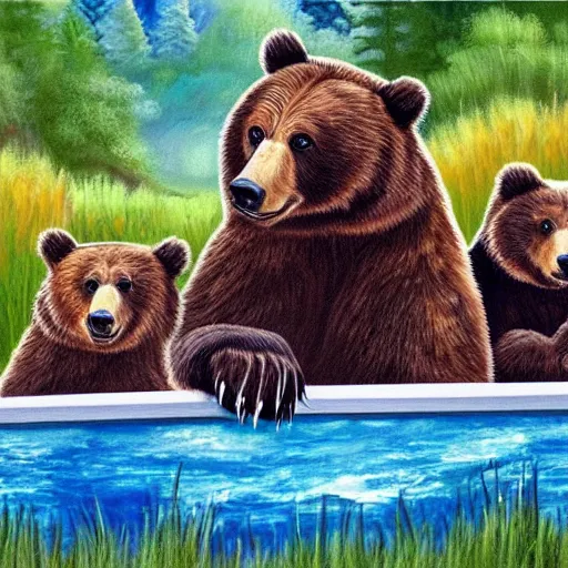 Prompt: grizzly bear family chilling in a hot tub, calming, nature, painting, cute, bob ross.