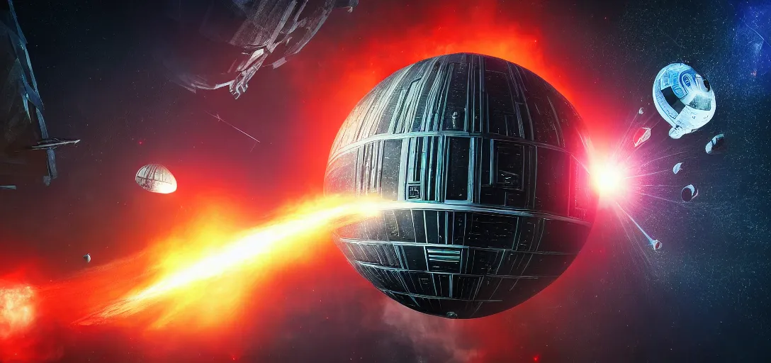 Prompt: Death Star destroying Earth, futuristic, sci-fi, vibrant colors, 8k photorealistic, HD, high details, trending on artstation