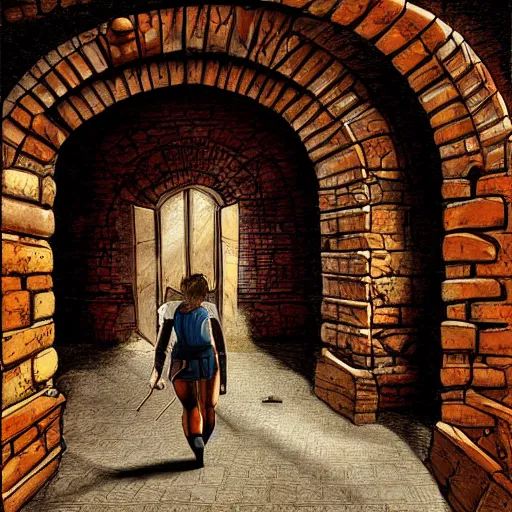 Image similar to adventurers caught in a trap, brick hallway, arched ceiling, chiaroscuro, full color, high detail, digital illustration