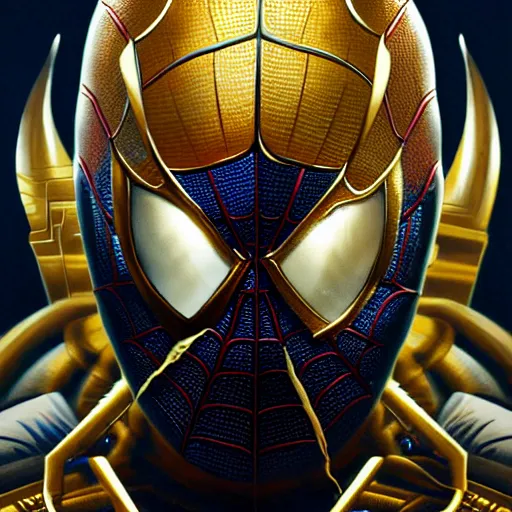 Image similar to spiderman from marvel comics 4 0 k emperor, gold, portrait, intricate, elegant, highly detailed, digital painting, artstation, concept art, wallpaper, smooth, sharp focus, illustration, art by h. r. giger and artgerm and greg rutkowski and alphonse mucha