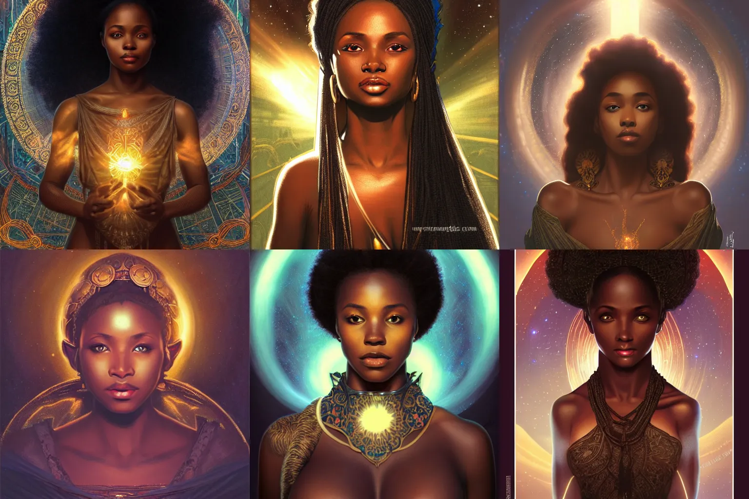 Prompt: black african princess, warm volumetric lighting, cosmic, symmetric, highly detailed, elegant, concept art, heavenly, god rays, intricate, sharp focus, illustration, glowing eyes, alexandros pyromallis, bouguereau, rutkowski, artgerm, alphonse mucha