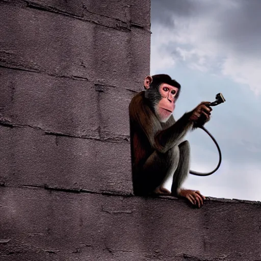 Prompt: movie still of a monkey playing banjo on a rooftop in the rain, hyper realistic, dark, gothic, nightcore, 4 k, highly detailed, beautifully rendered