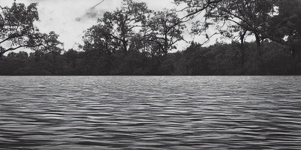 Image similar to centered photograph of a infintely long rope zig zagging across the surface of the water into the distance, floating submerged rope stretching out towards the center of the lake, a dark lake on a cloudy day, color film, trees in the background, hyper - detailed photo, anamorphic lens