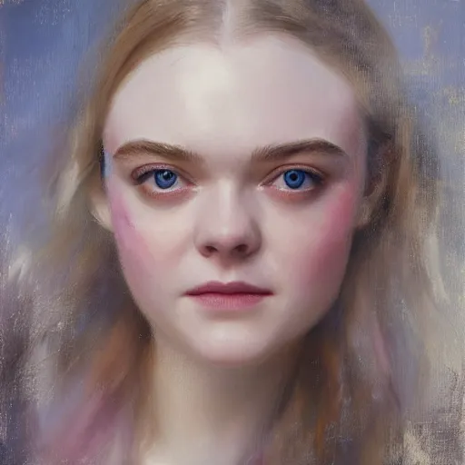 Prompt: professional painting of Elle Fanning in the style of Daniel F. Gerhartz, head and shoulders portrait, symmetrical facial features, smooth, sharp focus, illustration, intricate, stormy weather, extremely detailed masterpiece,