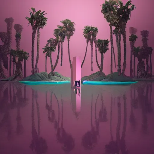 Image similar to hyperrealistic geometric objects in a surreal minimalistic 8 0's dreamscape environment by salvador dali, enormous emoji, highly detailed, 3 d render, octane, beautiful lighting, photorealistic, intricate, elegant, wayne barlowe, water, mirrors, pink doorway, beautiful, masterpiece, trending on artstation, palm tree