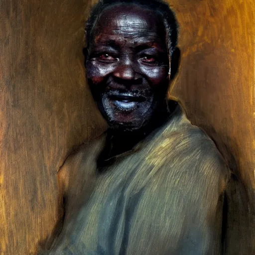 Image similar to a painting of a jovial, loving, daddy/fatherly, generous, kind wise elder from Kenya by Henry Ossawa Tanner . dramatic angle, ethereal lights, details, smooth, sharp focus, illustration, realistic, cinematic, artstation, award winning, rgb , unreal engine, octane render, cinematic light, macro, depth of field, blur, red light and clouds from the back, highly detailed epic cinematic concept art CG render made in Maya, Blender and Photoshop, octane render, excellent composition, dynamic dramatic cinematic lighting, aesthetic, very inspirational, arthouse.