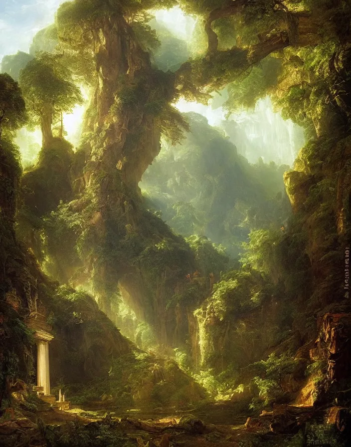 Image similar to an ancient temple lost in a forest by thomas cole, painting, cinematography, epic lighting,