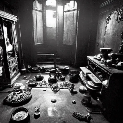 Image similar to very old black and white photo of room of a dark mansion, objects from ritual in the ground, realistic, highly detailed, background of resident evil game, guillermo del toro