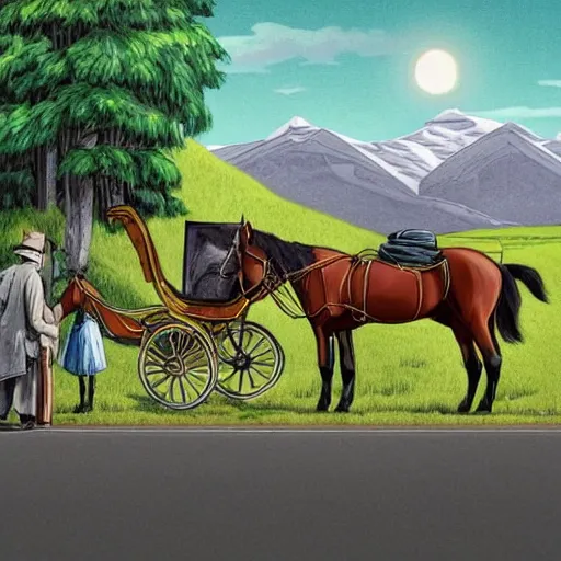 Image similar to a man in old fashioned clothes waits by the side of the road with his suitcase, looking at a coach with 4 horses is in front of him, night time in the mountains highly detailed in the style of edward gorey, artgerm, 8 k resulution - c 5