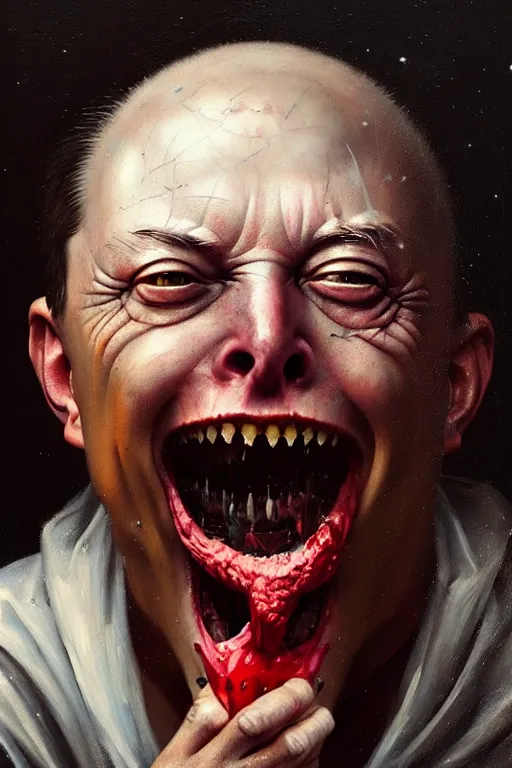 Image similar to hieronymus bosch, greg rutkowski, anna podedworna, painting of elon musk eating bitcoins, insane face, extreme close up, screaming and crying