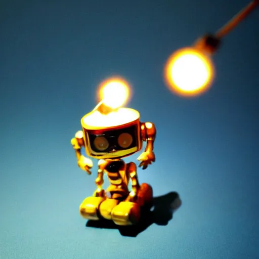 Image similar to a cute little robot, sit on a pin with a lit candle in the background by maxvanzwerg