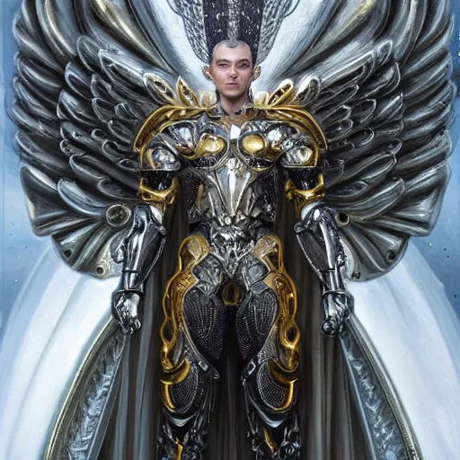 Prompt: a beautiful muscular symmetrical male angel wearing a silver armor with golden ornaments and diamonds jewelry by alex gray and android jones, karol bak, ayami kojima, amano, concept art, character design, fantasy, 3 d, 8 k resolution