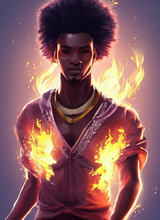 Image similar to a highly detailed illustration of attractive young african guy with flaming hair wearing tracksuit, dramatic standing pose, intricate, elegant, highly detailed, centered, digital painting, artstation, concept art, smooth, sharp focus, league of legends concept art, wlop