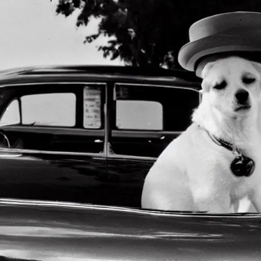 Prompt: a pin up driving with her white dog and big hat, award winning, 1 9 5 0 s