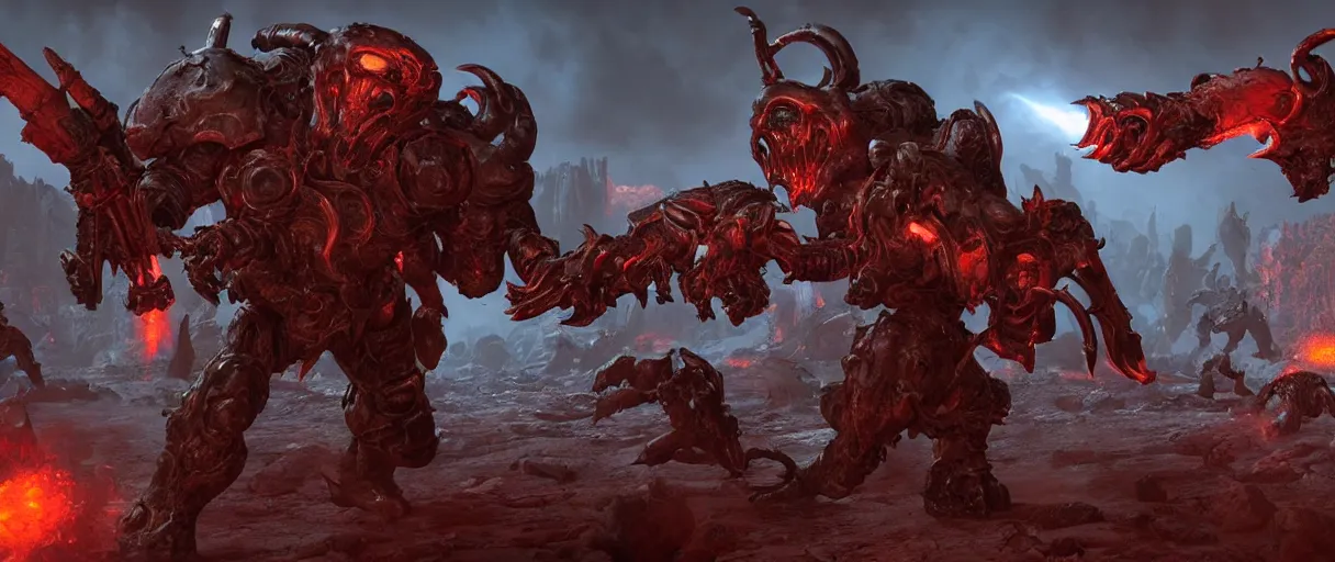 Image similar to doom slayer defeating hordes of demons and creatures on Urdak, wide shot, high detail, photorealistic, “doom eternal”, unreal engine