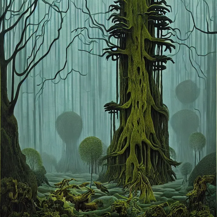 Prompt: charles burchfield art painting, beautiful arboreal forest by Adriaan Herman Gouwe, oregon washington rain forest by beeple, a beautiful and insanely detailed matte painting of alien dream worlds with surreal architecture designed by Heironymous Bosch, mega structures inspired by Heironymous Bosch's Garden of Earthly Delights, vast surreal landscape and horizon by Jim Burns, rich pastel color palette