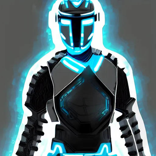 Prompt: Cowboy wearing an armor from the movie Tron Legacy, digital painting, detailed, artstation, high quality, hyperrealism