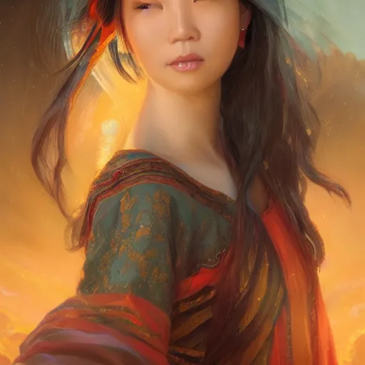 Image similar to portrait of an taiwanese woman ( 3 5 ) from taiwan in 2 0 2 1, an oil painting by ross tran and thomas kincade