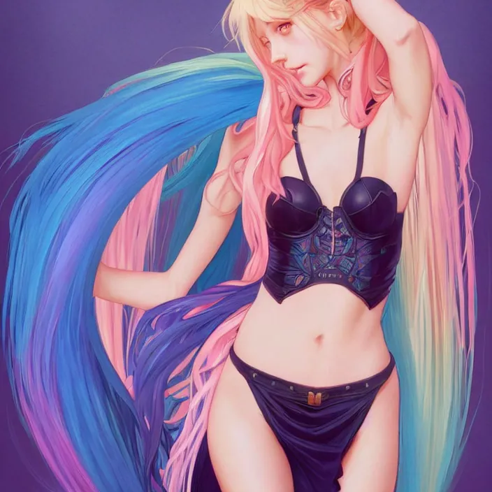 Image similar to full body portrait, a beautiful symmetrical gorgeous anime girl, rainbow hair, attractive, casual, modern, victoria's secret, highly detailed, digital painting, artstation, concept art, smooth, sharp focus, illustration, art by artgerm, greg rutkowski and alphonse mucha, 8 k,