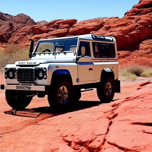 Image similar to a vintage land rover defender drives along a 2 lane road in the valley of fire