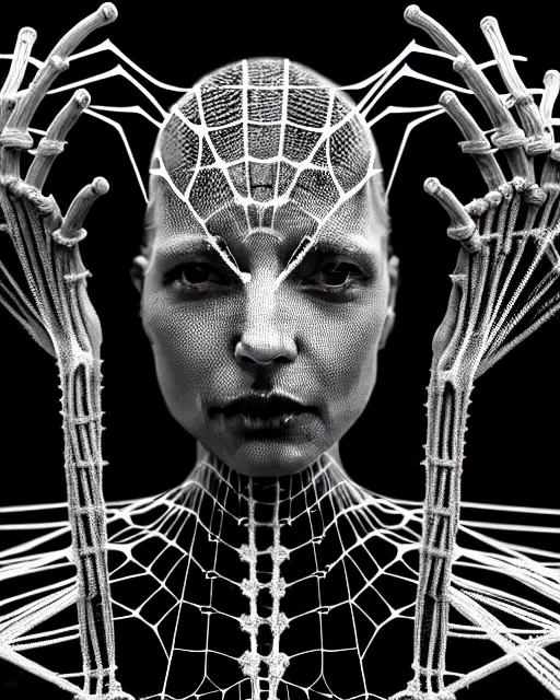 Image similar to black and white cyborg-plant goddess high quality photo, artificial intelligence, bio-mechanical bio-luminescence, artificial complex spider web, neurons, nerve cells, octane render, cinematic, rim light, hyper realism, photo-realistic, high detail, 8k, in the style of Steven Meisel and Dora Maar and H.G. Giger