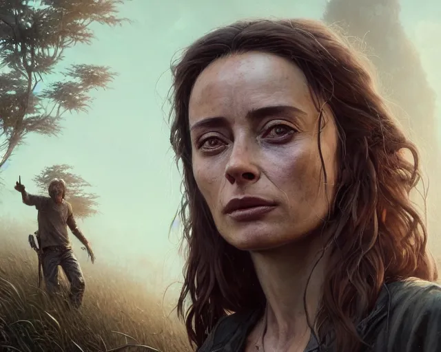 Image similar to highly detailed portrait of emmanuelle beart, in the walking dead, stephen bliss, unreal engine, fantasy art by greg rutkowski, loish, rhads, ferdinand knab, makoto shinkai and lois van baarle, ilya kuvshinov, rossdraws, tom bagshaw, global illumination, radiant light, detailed and intricate environment