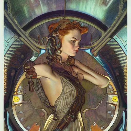 Image similar to a dieselpunk painting in the style of donato giancola, and in the style of charlie bowater, and in the style of alphonse mucha. symmetry, smooth, sharp focus, semi - realism, intricate detail.