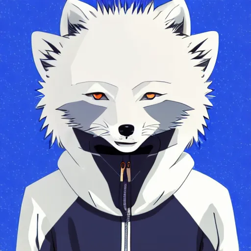 Image similar to key anime visual portrait of an anthropomorphic arctic fox fursona in a hoodie, handsome, official modern anime art