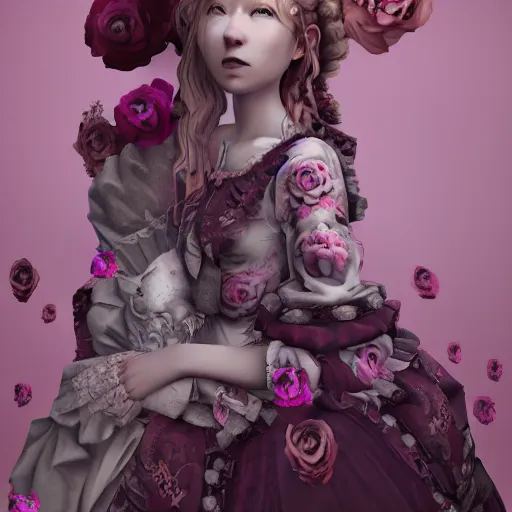 Image similar to 8 k, octane render, realism, tonalism, renaissance, rococo, baroque, cotton candy, portrait of a creepy young lady wearing long - harajuku manga - dress with flowers and skulls