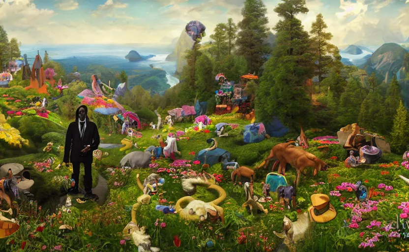 Prompt: snoop dogg in the wonderland by peder mørk mønsted and frank dicksee and daniel f. gerhartz