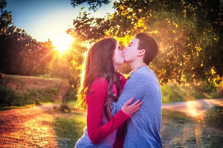 Prompt: girl kiss man, poster, ultra realistic!!!, hdr, clear weather, golden hour, sharp focus