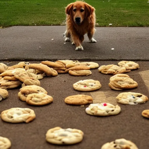 Prompt: a lonely golden retriever staring at a pile of cookies on the ground