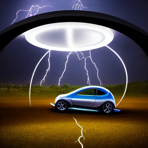 Image similar to futuristic flying car emerging in the sky from a circular portal made of lightning, thunderstorm at night, 8k 28mm cinematic photo