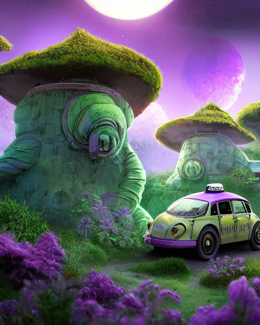 Prompt: tardigrade taxi car in a fantasy tatdigrade village, calming, uplifting mood, ultra realistic, farm, small buildings, highly detailed, atmosphere, violet planet in the sky, masterpiece, epic lighting, elves, green plants, magic, illuminated, 4 k, cinematic, morning sun, art by eddie mendoza