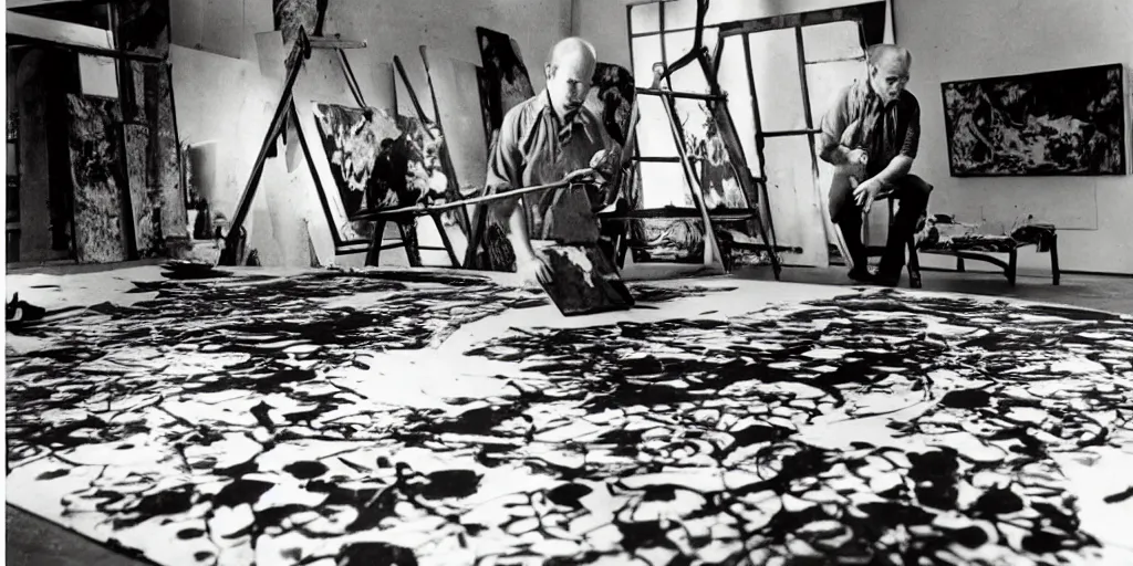 Prompt: jackson pollock at work in his studio