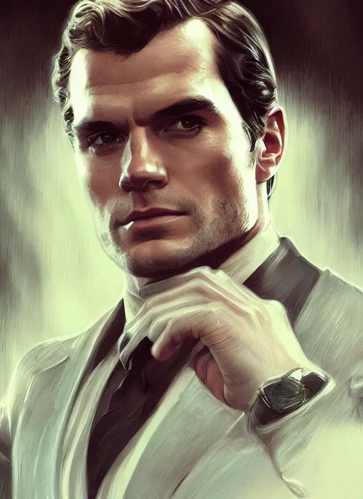 Image similar to portrait of henry cavill as james bond, casino, raining poker, key art, highly detailed, digital painting, artstation, concept art, cinematic lighting, sharp focus, illustration, art by artgerm and greg rutkowski and alphonse mucha