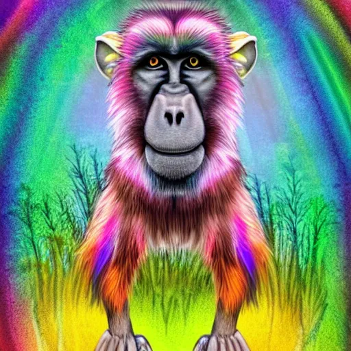 Image similar to baboon in a forest with iridescent rainbow colored fur rendered