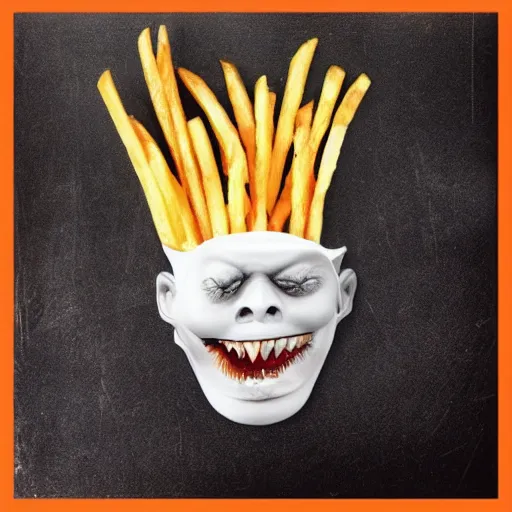 Prompt: Extremely detailed french fries in orc mouth