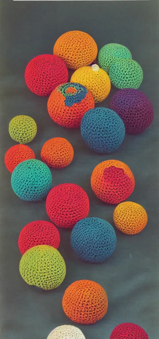 Image similar to multicolored crocheted blobs and pieces, 1 9 8 0 s catalogue photo