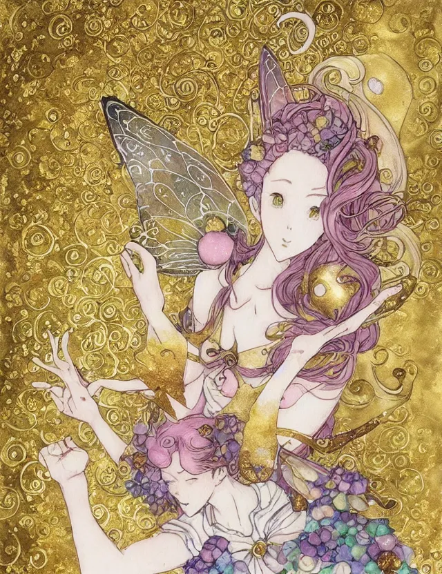 Image similar to faerie spirit of cupcakes, lost in a liminal space. this watercolor and gold leaf work by the award - winning mangaka has a beautiful composition and intricate details.