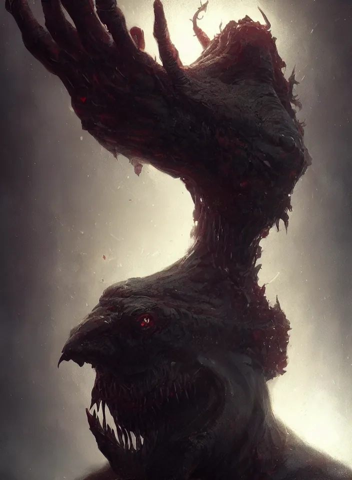 Image similar to a close portrait of a creature invoking fear, art by greg rutkowski, horror setting, dark lighting, matte painting, trending on artstation, very detailed