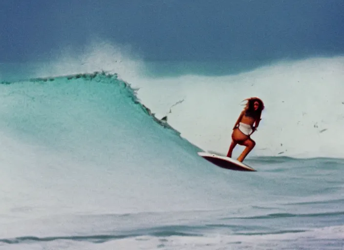 Image similar to color photo of a shark fin in the water and a surfergirl riding a big wave in the 8 0's