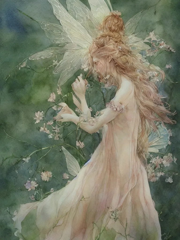 Image similar to study of a flower fairy, illustration, watercolor, alan lee, detailed, pretty, ethereal, realistic, artstation,