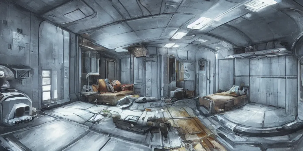 Prompt: faded steel industrial spaceship cramped living quarters painted clean interior room sci - fi