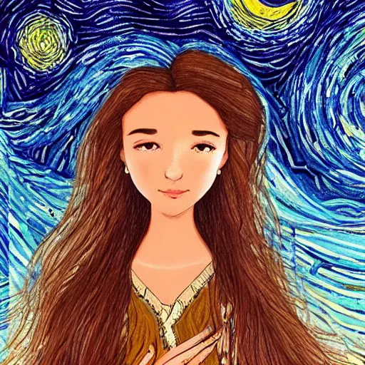 Image similar to A beautiful illustration of a woman with long flowing hair, wild animals, and a dark, starry night sky. Wanda Gág by Lilia Alvarado ornate