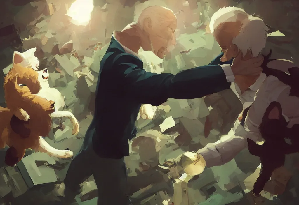 Prompt: portrait of joe biden shaking hand with a cute catgirl, epic debates, presidental elections candidates, cnn, fox news, fantasy, by atey ghailan, by greg rutkowski, by greg tocchini, by james gilleard, by joe gb fenton, dynamic lighting, gradient light green, brown, blonde cream, salad and white colors in scheme, grunge aesthetic