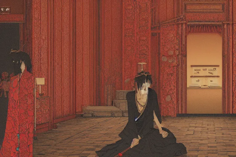 Image similar to inside a Masonic temple oil painting detailed Takato Yamamoto, cinematic, octane render, 8k