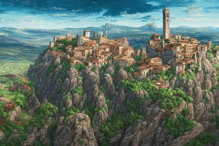 Image similar to an ultra detailed matte landscape painting of an extremely tall and strong young man with short brown hair standing on a cliff overlooking a medieval capital built on top of many hills, italian renaissance architecture, ultrawide lense, aerial photography, 8 k, volumetric lighting, smooth, highly detailed, digital illustration, art by kentaro miura and akira toriyama and artgerm