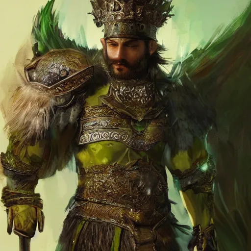 Image similar to An upper body shot portrait of a king with a trimmed beard, dual wielding swords, wearing green dragonscale armor and a cheetah pelt cloak, fantasy, digital art by Ruan Jia